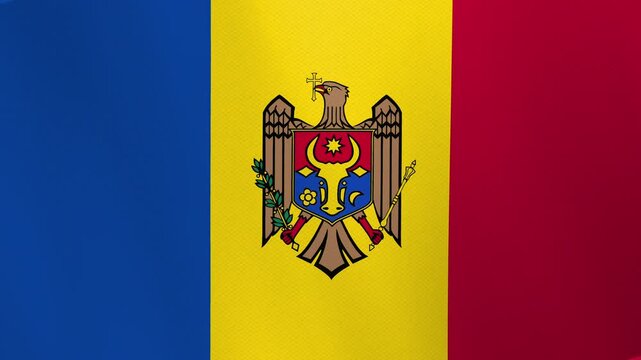 The national flag of Moldova, featuring a vertical tricolor of blue, yellow, and red with the Moldovan coat of arms centered on the yellow stripe.