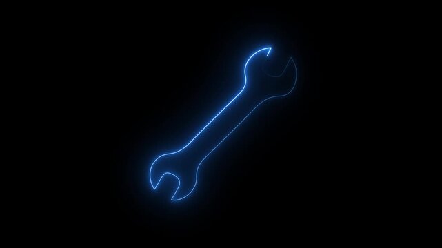 Neon glowing wrench icon, on dark background, futuristic digital repair tool, blue light technology symbol.