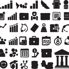 Collection of Business and Finance Icons: Graphs, Money, and Buildings