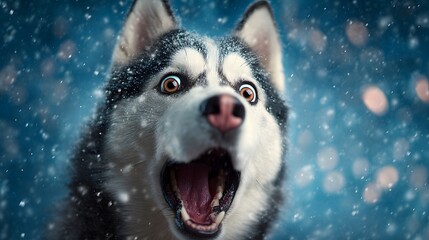 Vibrant Macro Image of a Husky Dog with an Astonished Expression Featuring a Festive and Illuminated Winter Themed Background Representing Holiday Magic