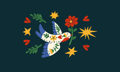 Scandinavian love pattern with folk flowers hearts and animal bird.