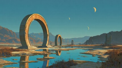 Fototapeta premium Abstract landscape with arches water and celestial bodies under a clear sky