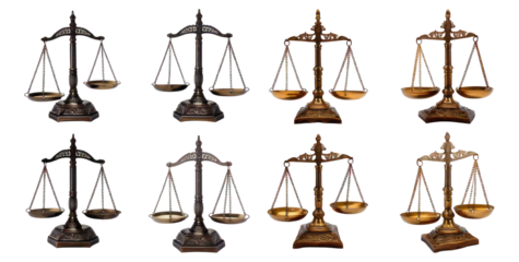 Antique and Modern Scales of Justice in Four Different Colors, Isolated on Transparent, white background