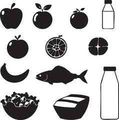 Collection of Fresh Food and Drink Icons: Fruits, Fish, and Beverages