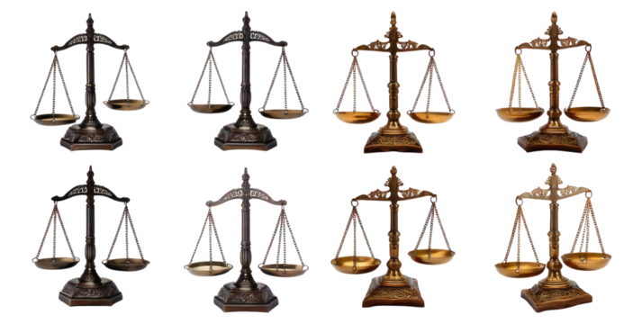 Antique and Modern Scales of Justice in Four Different Colors, Isolated on Transparent, white background