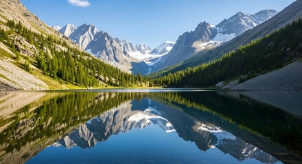 Serene Mountain Lake Reflection - Majestic Peaks and Tranquil Waters.