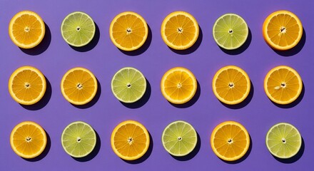 Fototapeta premium Vibrant Slices of Citrus Fruits Arranged in a Pattern on a Deep Purple Surface