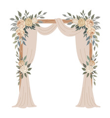 Elegant vector illustration of a wedding arch decorated with beige drapery, cream roses, and green foliage. Romantic floral frame design perfect for invitations and event decor themes
