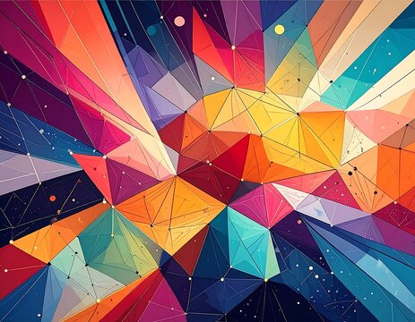 Abstract geometric design with colorful triangles and interconnecting lines on a dark background