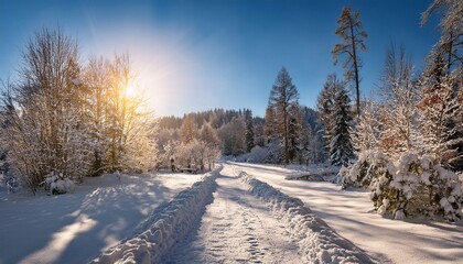 Explore The Beautiful Winter Scenic Pathway Covered In Snow And Sunlight