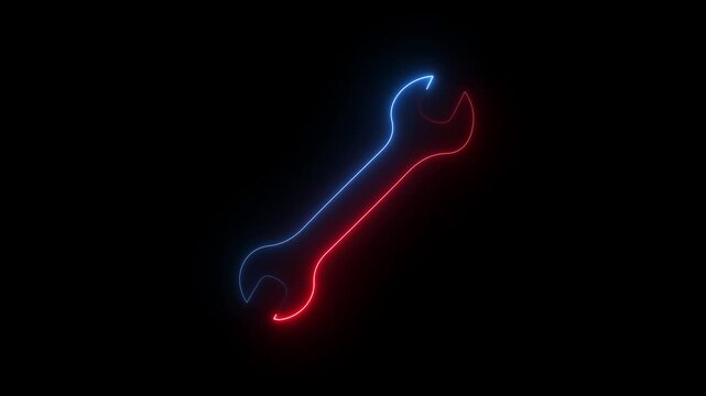 Neon red and blue glowing wrench icon, on dark background, futuristic digital repair tool, blue light technology symbol.