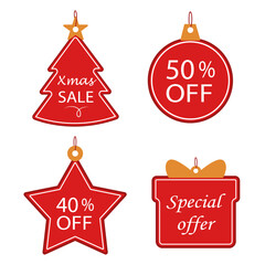 Festive Christmas sale tags in various shapes for holiday promotions and marketing. Vector illustration.