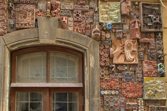 Baku, Azerbaijan. Ceramics, which are lined with the outer walls of the building of the museum-studio of the artist Teymur Mamedov in the old town of Icheri Sheher.