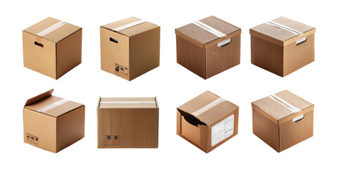 brown Cardboard box, set collection, mega bundle, isolated on transparent background
