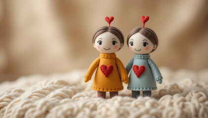 Adorable Felt Doll Couple On Knitted Blanket
