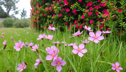 A field of pink wildflowers blooms in the foreground, with a vibrant red flowering bush in the background, creating a colorful garden scene.