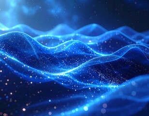 Abstract image of glowing blue waves with sparkles against a blurred, darker background