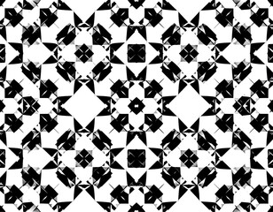 Abstract geometric pattern in black and white with repeating, symmetrical shapes