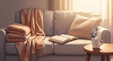 A cozy living room scene with a comfortable sofa, soft blankets, an open book, and a steaming mug, bathed in warm sunlight, evoking ultimate relaxation
