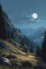 fir trees on a meadow down the hill at night. coniferous forest in mountains in full moon light. steep hillside in early autumn darkness