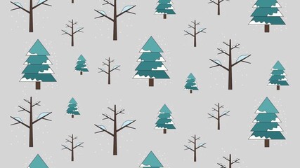 Flat design seamless pattern featuring snowy evergreen trees and leafless branches symbolizing cold winter season with falling snow - Powered by Adobe