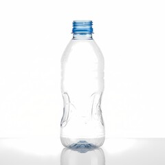 Fototapeta premium Clear plastic water bottle with blue cap removed on reflective white surface vector illustration for hydration and packaging themes