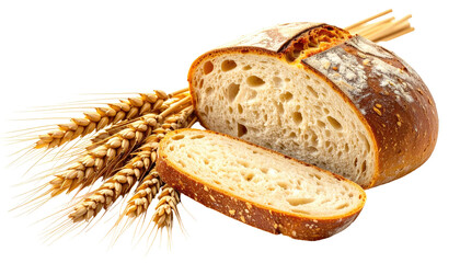 Crusty, artisan bread loaf cut open to show airy crumb, next to golden wheat stalks; on a dark backdrop