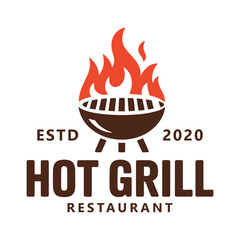 Vintage grills Logo barbecue with fork and fire flame