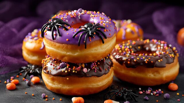 Halloween donut with purple icing and plastic spider decoration stacked chocolate donut with colorful candy sprinkles dark