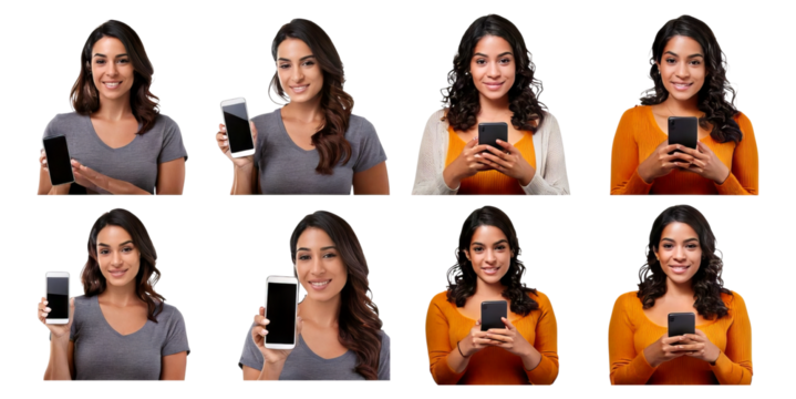 Smiling Woman Holding Smartphone in Various Poses and Expressions, Isolated on Transparent, white background