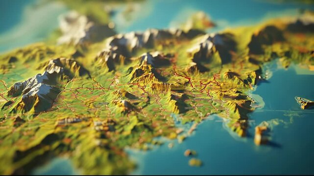 The colorful topographic map displays intricate mountain ranges and valleys, showcasing detailed landforms. This topographic map emphasizes the rich landscape features of the terra