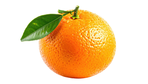 A bright orange citrus fruit with a glossy green leaf, isolated on a black background