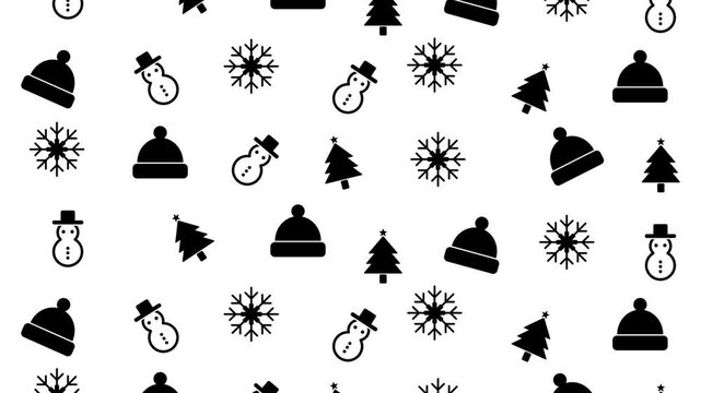 Seamless black and white winter pattern with snowman, Christmas tree, snowflakes, and wool hat icons on white background