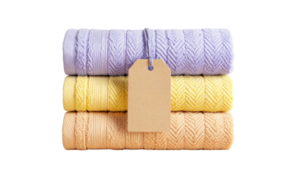 Stack of three pastel sweaters with a blank paper tag, tied with string, against a transparent background