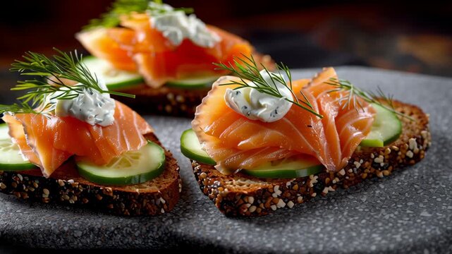 Smoked salmon bruschetta with cucumber slice, creamy herb spread, and fresh dill multigrain bread served stone plate appetizer