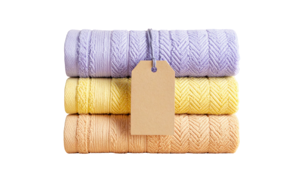 Stack of three pastel sweaters with a blank paper tag, tied with string, against a transparent background - Powered by Adobe