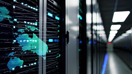 In the server room, illuminated servers display a large world map, indicating a connection to global networks. This server room showcases advanced technology and network integratio - Powered by Adobe