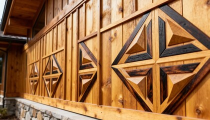 Obraz premium Medium shot of custom wood siding featuring intricate geometric patterns enhancing a modern rustic exterior wall.