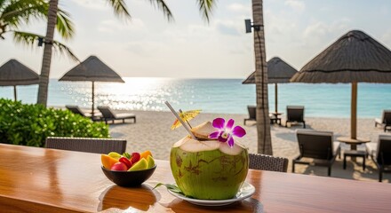 Tropical Refreshments at Sunset: A Coconut Drink and Fruit Bowl at a Luxurious Beach Resort Getaway Experience