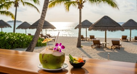 Exotic Paradise: A Refreshing Coconut Cocktail with Tropical Fruit at a Luxurious Beachfront Resort at Sunset.