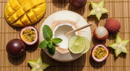Exotic Tropical Fruit Platter with Coconut Water, a Refreshing and Colorful Culinary Experience that Will Transport You to a Sunny,