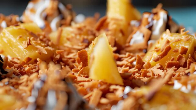 Whipped cream dessert with pineapple chunks, toasted coconut flakes, and chocolate drizzle creating rich tropical flavor cake, 4k video
