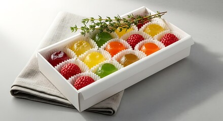 Overhead mockup of a box of colorful fruit jellies arranged in parchment liners on a light stone surface. Styled with fresh thyme and linen for a bright, natural confectionery look.