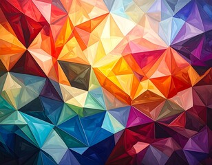 Abstract geometric art with vibrant triangular shapes in red, orange, yellow, blue, & purple