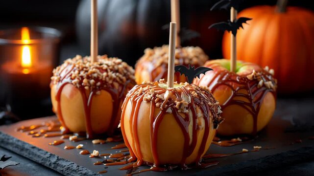 Caramel apple nut topping with Halloween bat decoration on dark slate board near glowing candle and pumpkin background, 4k video