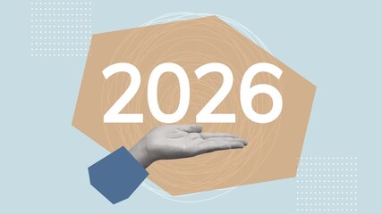 2026. New Year. collage animation. Poster for 2026. Collage.  Advertisement. Modern digital collage series featuring “2026” with abstract hands and geometric shapes in a minimalist style. - Powered by Adobe