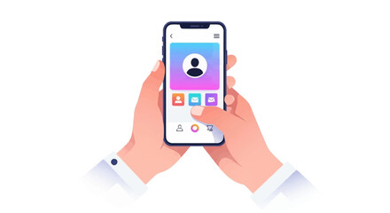 A modern illustration depicts hands interacting with a smartphone displaying a vibrant user profile interface and various application icons.