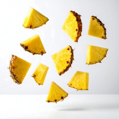 Sliced pineapple wedges floating in the air