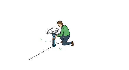 Fototapeta premium Gardener repairing sprinkler system in minimalist outdoor setting