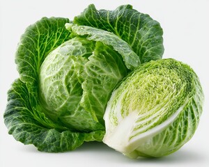 Obraz premium Fresh green cabbage cut in half revealing crisp leaves isolated on white background, showing natural texture and vibrant color of whole vegetable.